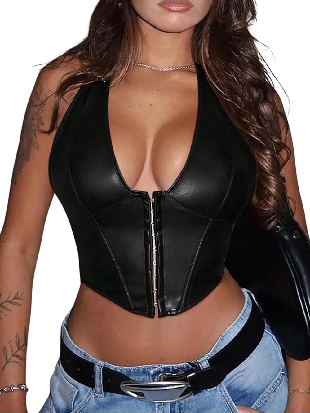 Black Faux Leather Corset Halter Top | Lace Up Back | Western Night Out